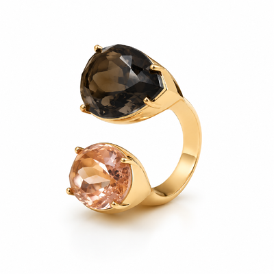 Foto Anel Cristal Fumê e Morganita com Banho de Ouro 18K
