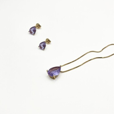 Foto Conjunto Gota com Cristal Roxo e Banho de Ouro 18K