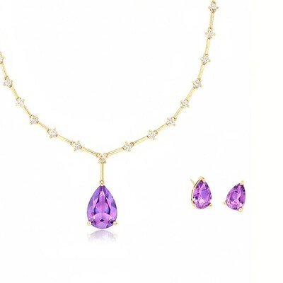 Foto Conjunto Gota com Cristal Lilas e Banho de Ouro 18k