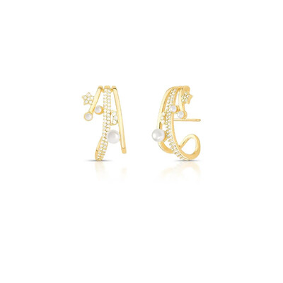 Foto Brinco Ear Hook com Pérolas, Zircônias e Banho de Ouro 18K