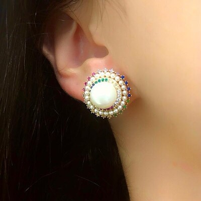 Foto Brinco Pérola Shell e Zircônia Colorida Banho Ouro 18K