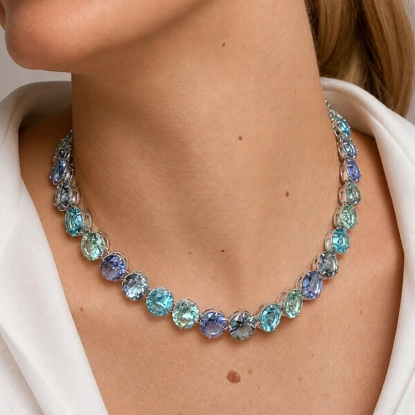 Colar Riviera com Cristais e Banho de Ródio Branco
