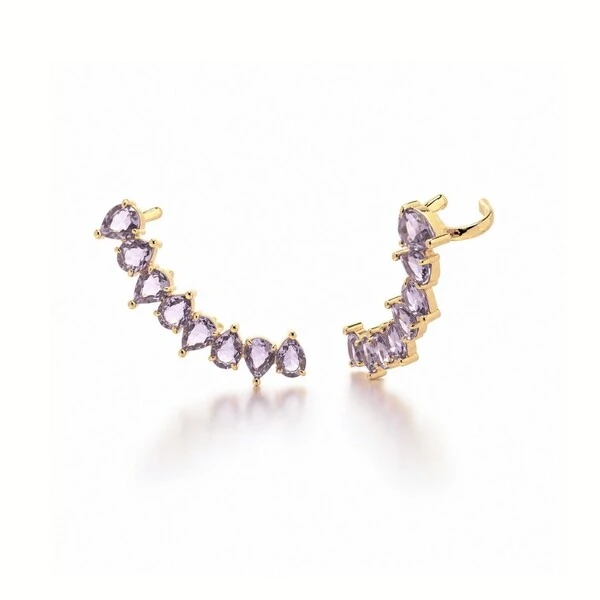 Ear Cuff Satur Cristais Ametista Banho Ouro 18K