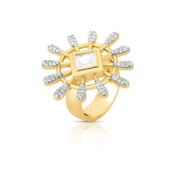 Anel Compasso com Cristal e Zircônias e Banho de Ouro 18K