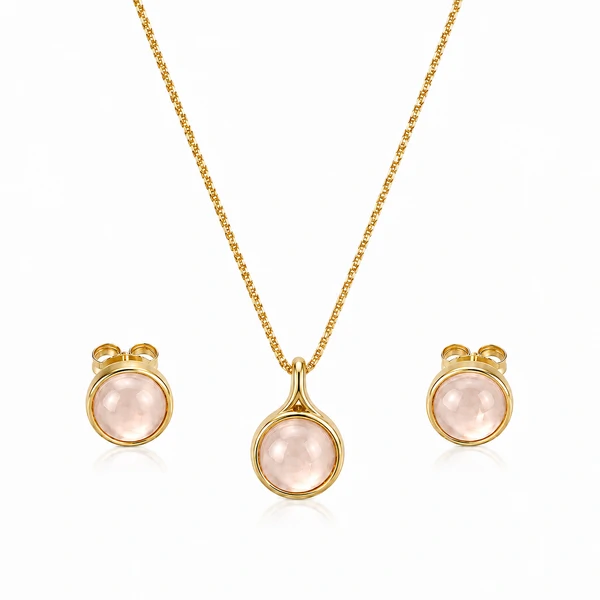 Conjunto Tingua com Quartzo Rosa e Banho de Ouro 18K