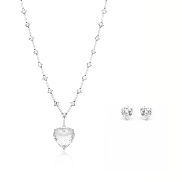 Conjunto Coração com Cristal Branco e Banho de Ródio Branco