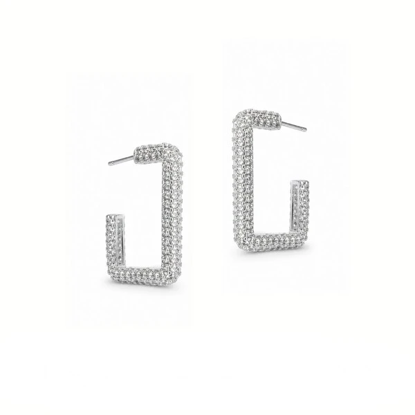 Argola Tereza cravejada de Zircônias – Formato Quadrado com Banho de Ródio Branco
