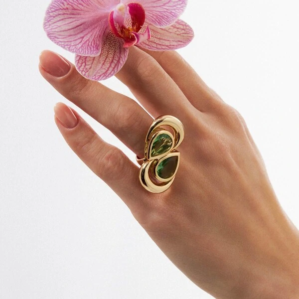 Anel Opulenza com Cristal Verde Banho de Ouro 18k