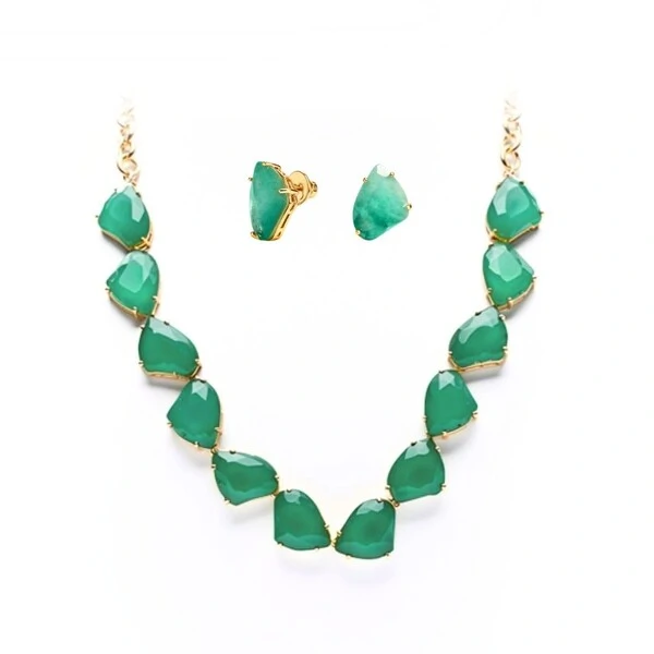 Conjunto Colar e Brinco Cristal Verde com Banho de Ouro 18k