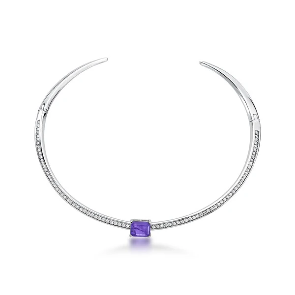 Colar Choker Welma com Zircônias, Cristal Roxo e Banho de Ródio Branco