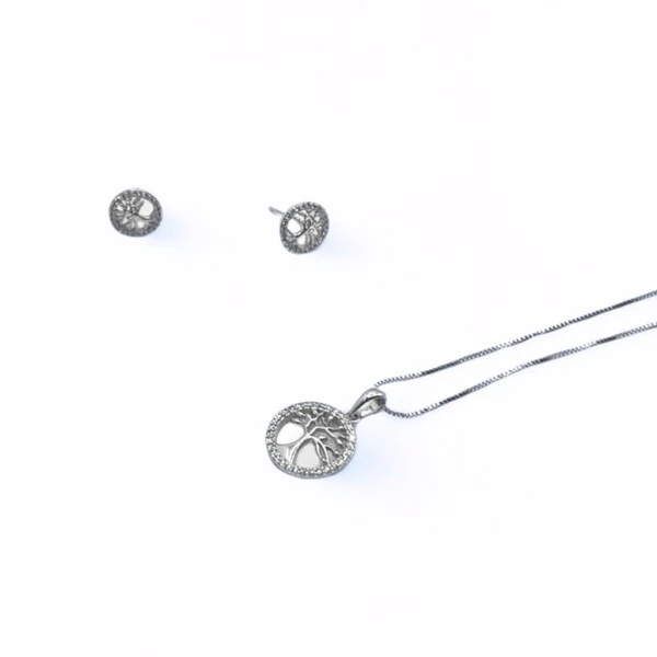 Conjunto Árvore da Vida com Banho de Ródio Branco e Zircônias cravejadas