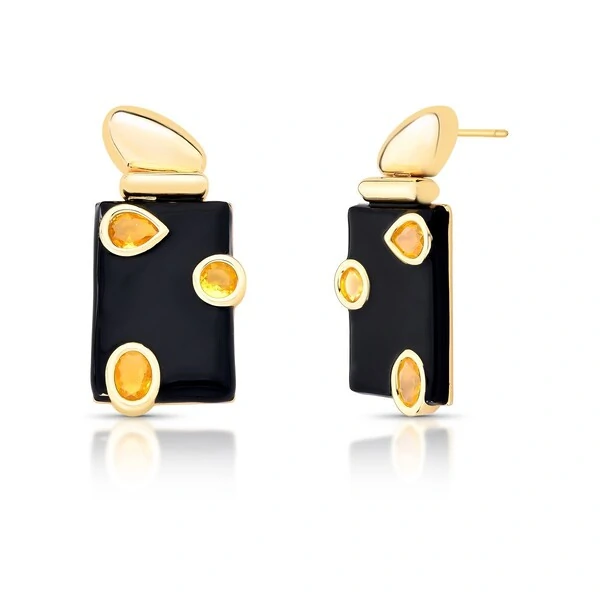 Brinco Miles com Esmaltado Preto, Cristais e Banho de Ouro 18K