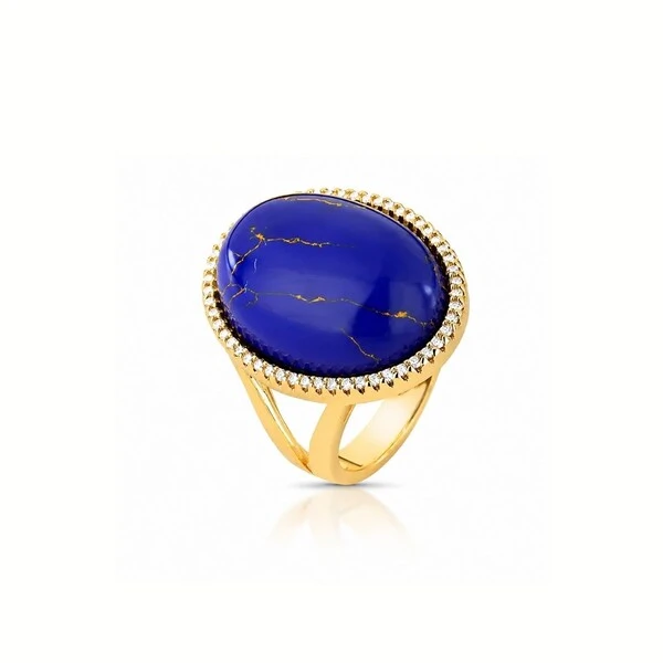 Anel com Lapis Lazuli Reconstítuido e Zircônias em Banho de Ouro 18K