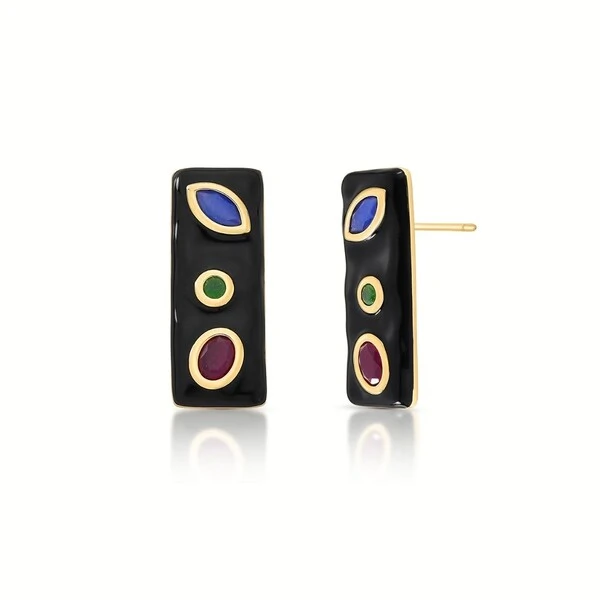 Brinco Chac com Esmaltado Preto, Cristais e Banho de Ouro 18K