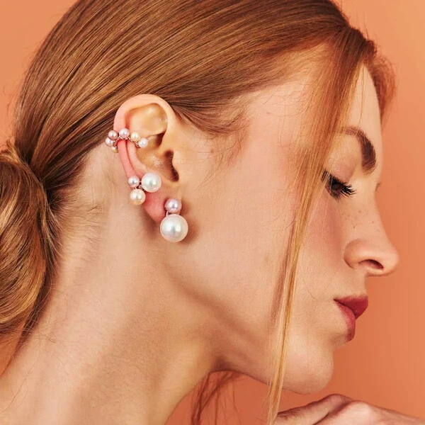 Brinco Duo com Pérolas e Banho Rosé