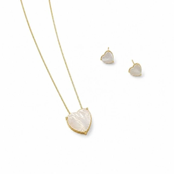 Conjunto Coração com Madrepérola e Banho de Ouro 18K