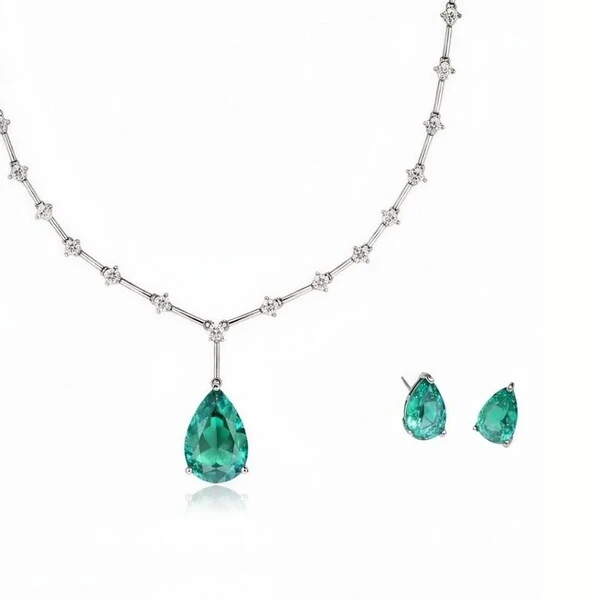 Conjunto Gota com Cristal Verde e Banho de Ródio Branco