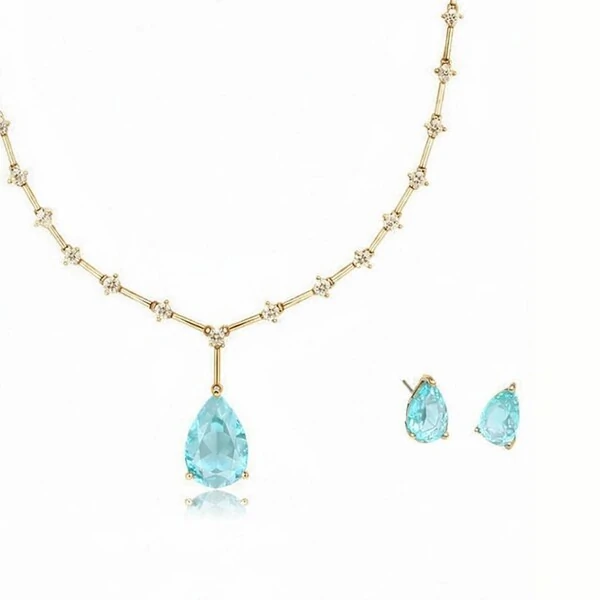 Conjunto Gota com Cristal Azul e Banho de Ouro 18k