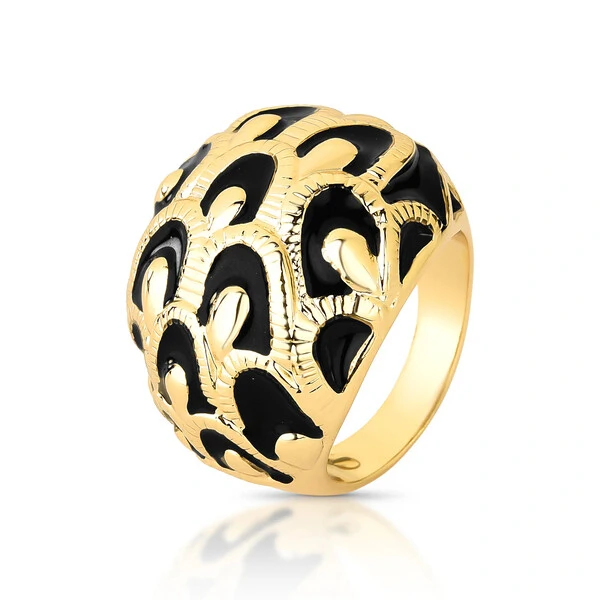 Anel Owl com Esmaltado Preto e Banho de Ouro 18K