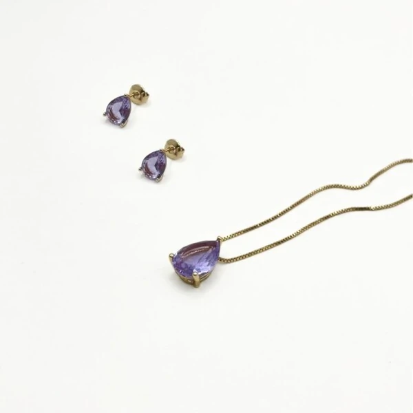 Conjunto Gota com Cristal Roxo e Banho de Ouro 18K