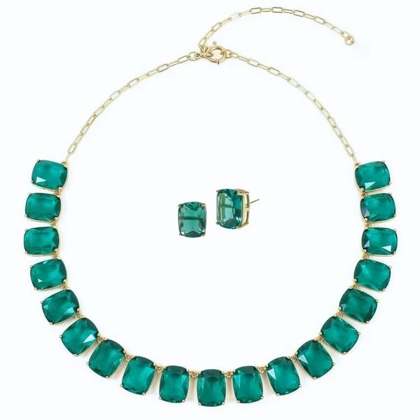 Conjunto Colar e Brinco Cristal Ice Verde Banho de Ouro 18k