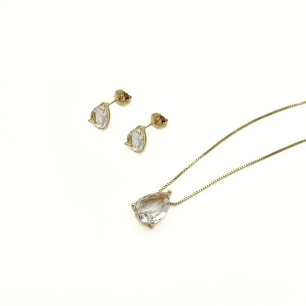 Conjunto Gota com Cristal Translúcido e Banho de Ouro 18K