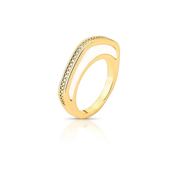 Anel Chanson com Madrepérola e Zircônias – Banho de Ouro 18K | Elegância Clássica