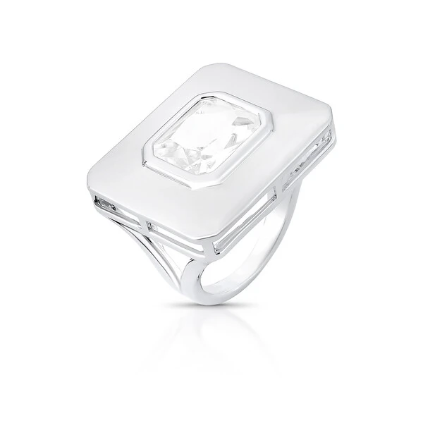 Anel Esquadros com Cristal e Banho de Ródio Branco