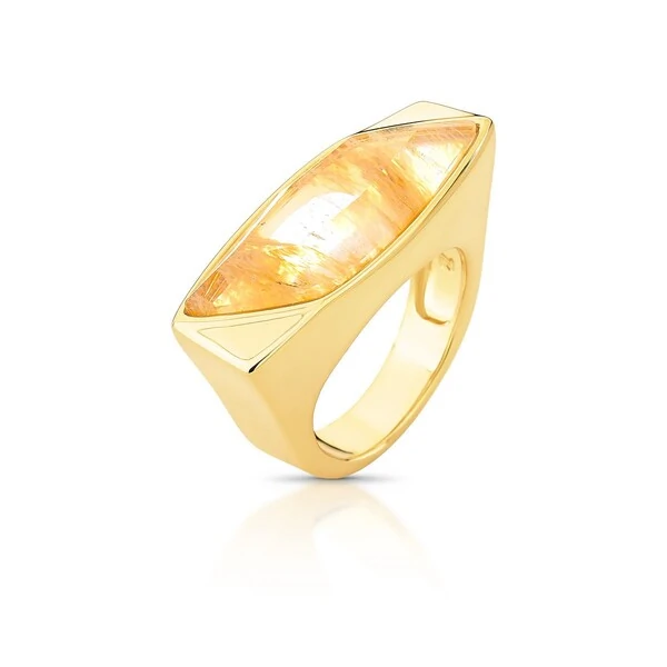 Anel Cristal Navete Qtz Rutilo com Banho de Ouro 18k