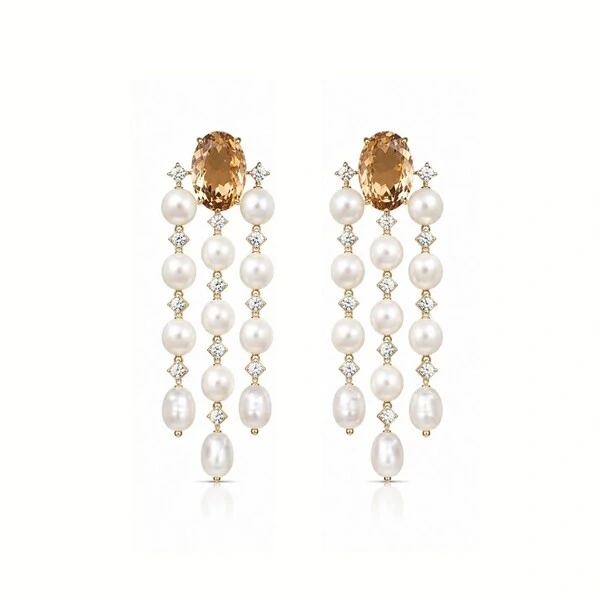 Brinco Cascata Morganita e Pérola – Banho de Ouro 18K