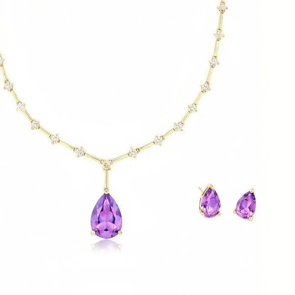 Conjunto Gota com Cristal Lilas e Banho de Ouro 18k