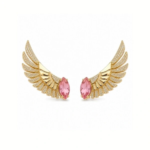 Ear Cuff Asa com Cristal Pink - Banho de Ouro 18K