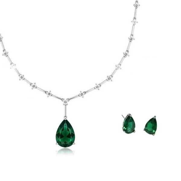 Conjunto Gota com Cristal Verde Esmaralda e Banho de Ródio Branco