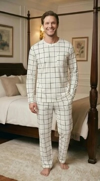 Pijama Manga Longa Xadrez Bege