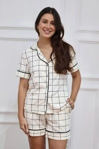 Pijama Americano Curto Xadrez Bege