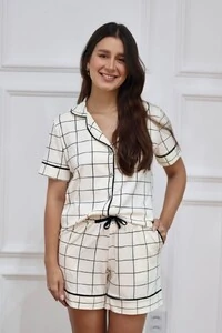 Pijama Americano Curto Xadrez Bege