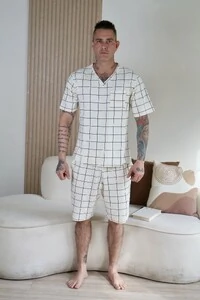 Pijama Verão Masculino Xadrez Bege