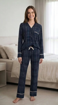 Pijama Americano Longo Xadrez Listra Azul