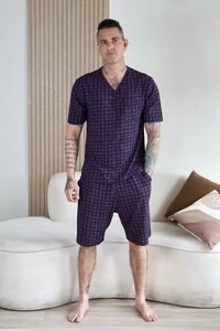 Pijama Verao Masculino Xadrez Azul e Vermelho