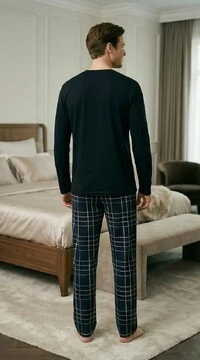 Pijama Manga Longa Masculino Xadrez Marinho listra Off