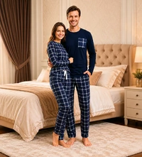 Pijama Casal Manga Longa Xadrez Marinho listra Off
