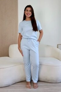 Pijama Meia Estação de Algodão Azul Nuvem