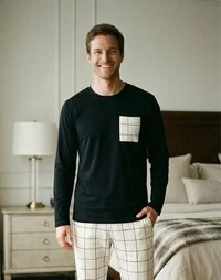 Pijama Manga Longa Masculino Xadrez Bege