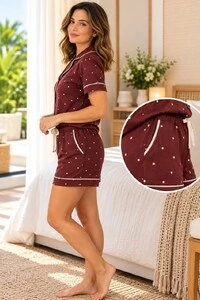 Pijama Americano Curto Poá Merlot