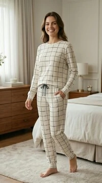 Pijama Manga Longa Jogging Xadrez Bege