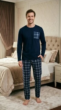 Pijama Manga Longa Masculino Xadrez Classic Blue