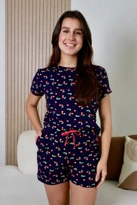 Pijama Tshirt Cereja Azul