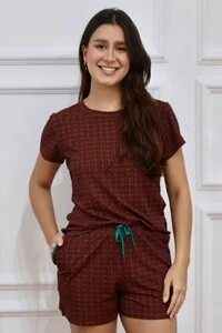 Pijama Tshirt Xadrez Vermelho e Verde