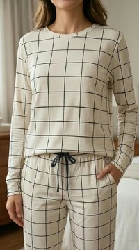 Pijama Manga Longa Jogging Xadrez Bege