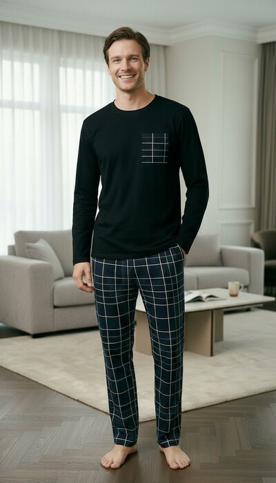 FotoPijama Manga Longa Masculino Xadrez Marinho listra Off